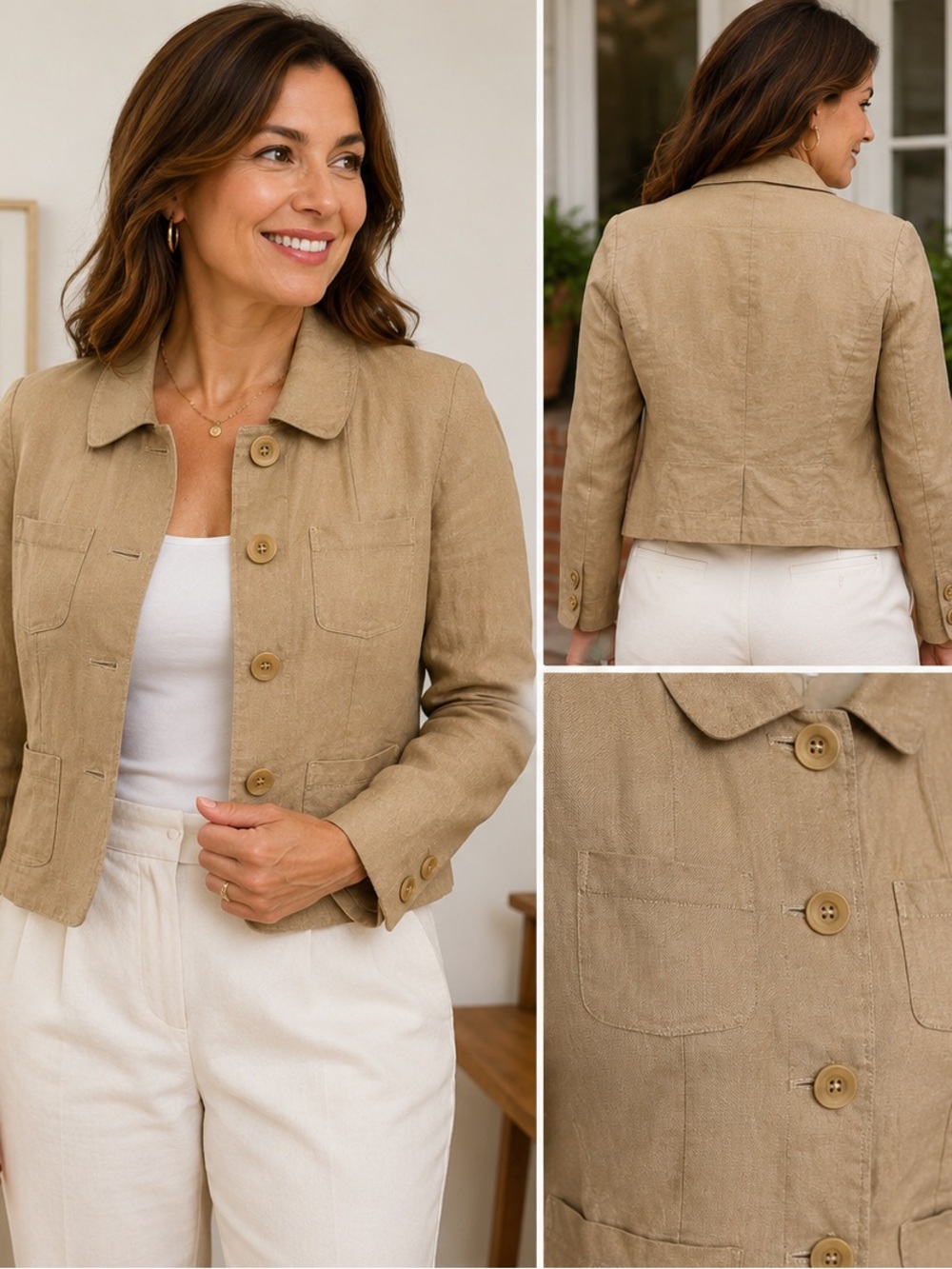Talbots Tan Linen-Blend Button Front Blazer